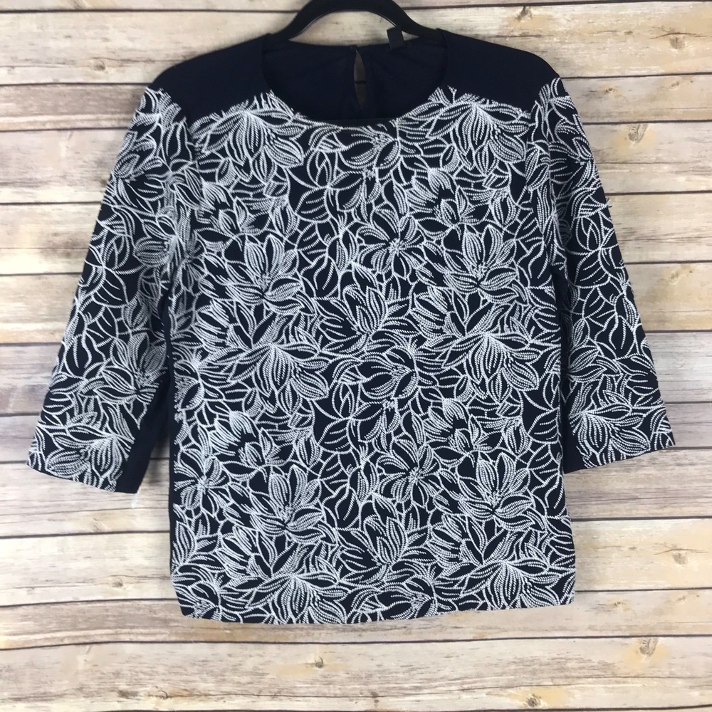 J Crew Top Women M Blue Floral Embroidered Blouse 3/4 Sleeve Round Neck Pullover